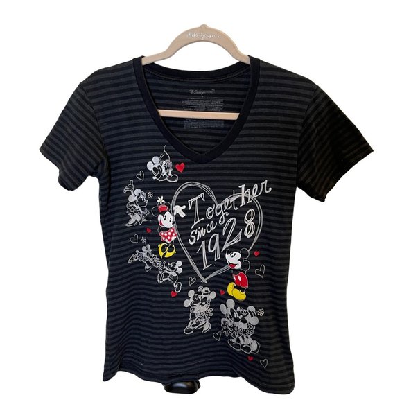 Disney Graphic Tee Heart Minnie & Mickey Together Since 1928 T-Shirt S Striped V - Picture 3 of 12